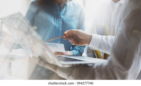 Team Work Process. Photo Young Business Crew Working With New Startup Project. Project Managers Meeting. Analyze Plans, Papers. Blurred Background, Film Effect