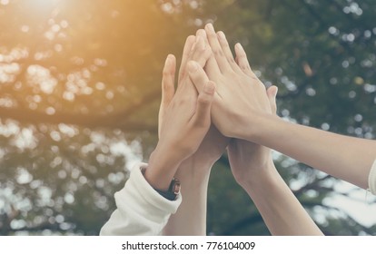 Team Work And Together Concept, Hand Of People High Five For Tag Team