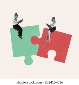 Team work. Young women, businesswomen, finance analyst or clerk in business clothes isolated on abstract art background. Concept of finance, economy, professional occupation, ad. - Shutterstock ID 2024167016