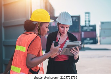 Team Worker American Women Work In An International Shipping Yard Area Export And Import Delivery Service With Containers