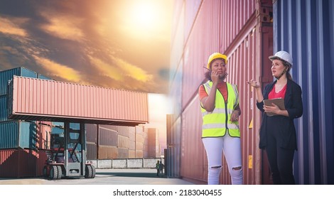 Team Worker American Women Work In An International Shipping Yard Area Export And Import Delivery Service With Containers