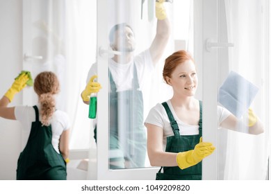 Team of workers cleaning white office windows wearing yellow gloves and protective clothing - Powered by Shutterstock