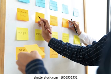 Team working in office putting sticky note on white board analyzing strategy of business. - Shutterstock ID 1806535531