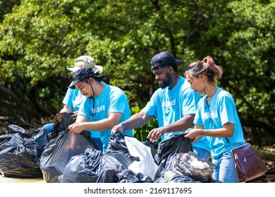 Team of young and diversity volunteer worker group enjoy charitable social work outdoor in cleaning up garbage and waste separation project at the mangrove forest - Powered by Shutterstock