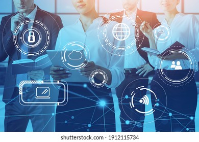 Team of young professionals in business consulting office working at clients project to satisfy needs to gain more profit. Social media and information security hud icons on foreground Double exposure