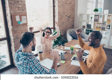 Teambuilding Colleagues Start-up Tender Trade Marketing Management Studying Profit Benefit Yeah Hooray Luck Fortune Lifestyle Concept. Three Trio Excited Owners On Company Celebrate Prosperity Growth