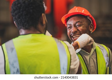 Teamwork African American Worker In The Factory.Black Man Afro Work Heavy Industrial