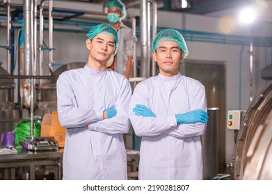 Teamwork Asian Manager And Employee Working Food Quality Control In Factory And Worker In Production Line Beverage Factory Concept Food Factory Industry 