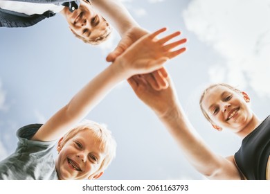 Teamwork Background, Kids Stacking Hands In The Middle, Family Photo