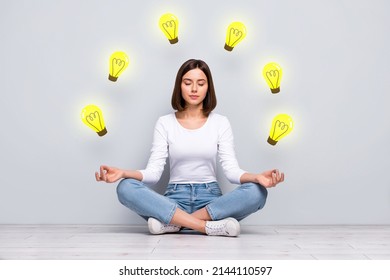 Teamwork business collaboration problem solving concept young girl sitting floor lotus position meditating inner harmony brilliant idea