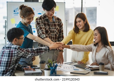 Teamwork Business Join Hand Together Concept, Business Team Standing Hands Together, Volunteer Charity Work. People Joining For Cooperation Success Business.