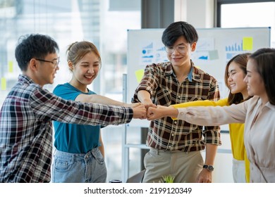 Teamwork Business Join Hand Together Concept, Business Team Standing Hands Together, Volunteer Charity Work. People Joining For Cooperation Success Business.