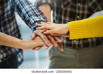 Teamwork Business Join Hand Together Concept, Business Team Standing Hands Together, Volunteer Charity Work. People Joining For Cooperation Success Business.