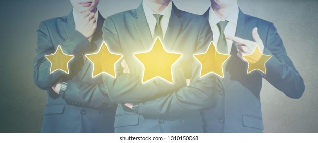 Teamwork Of Businessman Look At Five Star Symbol Increase Rating, Leadership Teamwork Excellence Concept.