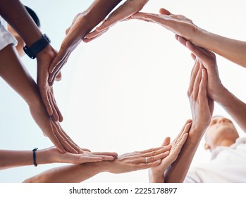 Teamwork, circle and synergy hands of business people with support, collaboration and coworking in team building mock up. Integration, group formation and workflow sign of employee with support below - Shutterstock ID 2225178897