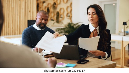 Teamwork, client or people with documents, office and lawyer with patent, plan or tech in meeting. Law, group or attorney with paperwork for legal info, discussion or help for settlement negotiation