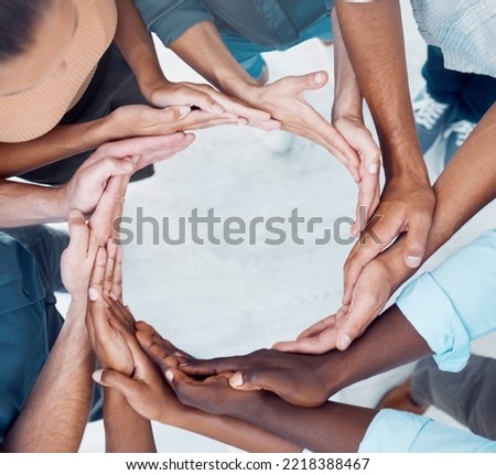 Teamwork, collaboration and circle of synergy hands, support and solidarity of trust, goals and team building mission. Above workflow group, diversity and network of community, connection and world