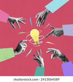 Teamwork and collaboration. Human hands reaching lightbulb symbolizing creative business idea. Contemporary art collage. Concept of business, career, development, teamwork, brainstorming