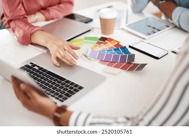 Teamwork, color swatch and hands of business people in office for planning, interior designer or meeting. Moodboard, creative palette and project management with closeup and laptop for style layout - Powered by Shutterstock