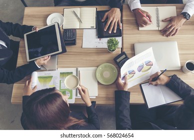 Teamwork Concept. Collaboration Team Meeting Communication With Business Teamwork Working Together In Conference Room. Top View Of Diversity Partner Business Meeting Trust In Businessman And Team.