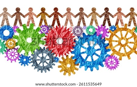 Teamwork Concept and Team Work as a diverse group of professionals and diverse people connected and working together as gears and cog wheels for unity and business leadership.