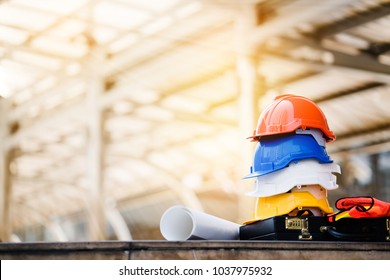 Teamwork Of The Construction Team Must Have Quality. Whether It Is Engineering, Construction Workers. And Have A Helmet To Wear At Work. For Safety At Work. Copy Space