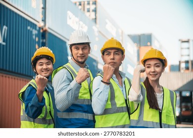 Teamwork construction worker safety helmet reflective vest container yard logistics diversity confidence shipping warehouse Multicultural construction worker team wearing safety helmet