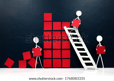 Teamwork, cooperation and rebuilding business economy concept. Human stick figures fixing broken building blocks. Stockfoto © 