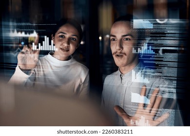 Teamwork, cyber security and programmer with business people at night for augmented reality, developer and 3d hologram. Software, data and future with employee for coding, technology and digital - Powered by Shutterstock - Get 15% off with code: PIKWIZARD15
