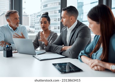 Teamwork discussion, laptop and planning strategy for web tech management, leader presentation or web design in office. Team, business people and corporate meeting for marketing or digital training