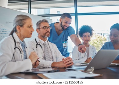 Teamwork, Diversity And Doctors In A Meeting Planning A Surgery Strategy In Collaboration Together On Laptop In An Office. Medical Healthcare Workers In Conversation About Cardiology Report Review