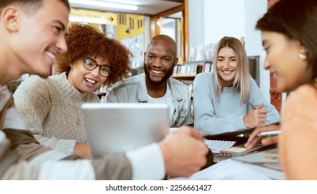 Teamwork, education or students with tablet in library for research, collaboration or project management. Smile, happy or university people with tech for learning, scholarship study or web search - Powered by Shutterstock