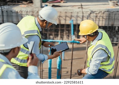 Teamwork engineer inspection checking pressure gauge with pneumatic test leaking in pipeline system in pool construction. Installation pvc pipe in pool. selective focus.