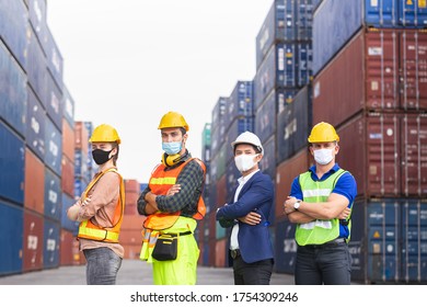 Teamwork Engineer Technician And Foreman And Partner Wearing Protection Face Mask And Safety Helmet In Cargo Container Shipping Area, Worker Successful.