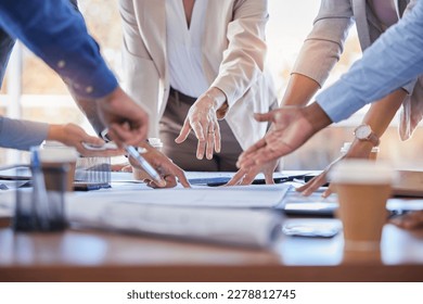 Teamwork, engineering and hands with blueprint planning construction project in office. Collaboration, architecture and group of architects, engineers or people with building design, draft or diagram - Powered by Shutterstock