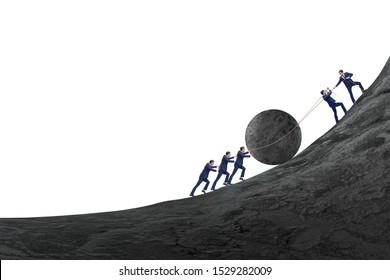 Teamwork example with business people pushing stone to top