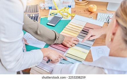 Teamwork, fabric and planning fashion hands in creative project, collaboration and textile design. Startup, development, studio desk and workshop of people clothes ideas, art vision and color palette - Powered by Shutterstock