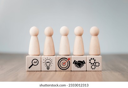 Teamwork, Goal and target, Business achievement. Partnership, Unity, Teamwork, wood figure standing and icon on wooden blocks and dartboard target. Strategy and Team growing business success concept. - Powered by Shutterstock