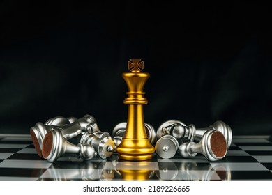 Teamwork. Gold And Silver Chess Pieces On Chess Board Game Competition On Dark Background, Business Finance, Team Leader, Digital Marketing, Success, Team Leader And Business Strategy Concept