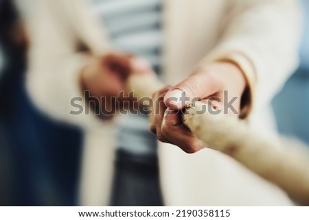 Teamwork, hands and tug and war while joining forces and pulling a rope for battle against competitors. Closeup of strong businessperson fighting for power, leadership and equality rights