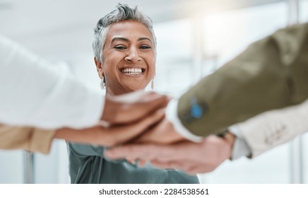 Teamwork, happy and hands stack of business people together for motivation, support and community. Collaboration, team building and woman with staff for diversity, trust and solidarity goal in office
