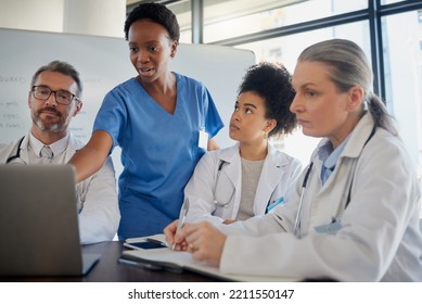 Teamwork, Healthcare And Planning With A Doctor, Nurse And Medicine Team At Work On A Laptop During A Meeting. Collaboration, Research And Insurance With A Medical Group Working In The Hospital