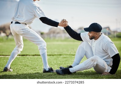 Teamwork, helping hand or baseball player in training, exercise or workout in practice match on sports field. Softball, strong man or people in tough competitive game with physical fitness or effort - Powered by Shutterstock