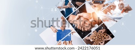 Teamwork and human resources HR management technology concept in corporate business with people group networking to support partnership, trust, teamwork and unity of coworkers in office kudos