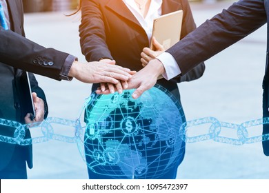 Teamwork Join Hands Support Together Concept.Business People Shaking Hands, Finishing Up A Meeting.Block Chain.