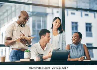 Teamwork, laptop and designer people coaching in office meeting, planning and brainstorming. Computer, collaboration and group training of employees in creative startup company, business and happy - Powered by Shutterstock