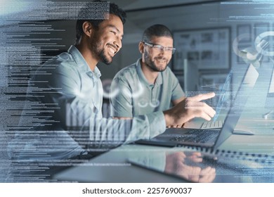 Teamwork, laptop hologram and people with data analytics, cyber security research and cloud computing. Coding, programming and developer business men with software strategy, planning in night overlay - Powered by Shutterstock