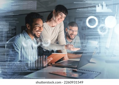 Teamwork, laptop hologram and people success in data analytics, cyber security research and cloud computing. Coding, programming and developer woman or group with software solution in night overlay - Powered by Shutterstock