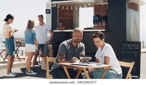 Teamwork, meeting and small business owners with tablet at food truck for conversation, planning or discussion on menu. Restaurant, happy man and employee woman for collaboration, startup or talking - Powered by Shutterstock