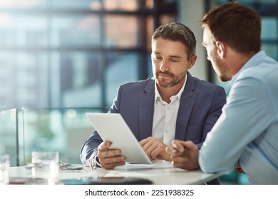 Teamwork meeting, tablet and business people in office workplace. Collaboration, technology and workers, men or employees with touchscreen planning sales, research or financial strategy in company - Powered by Shutterstock